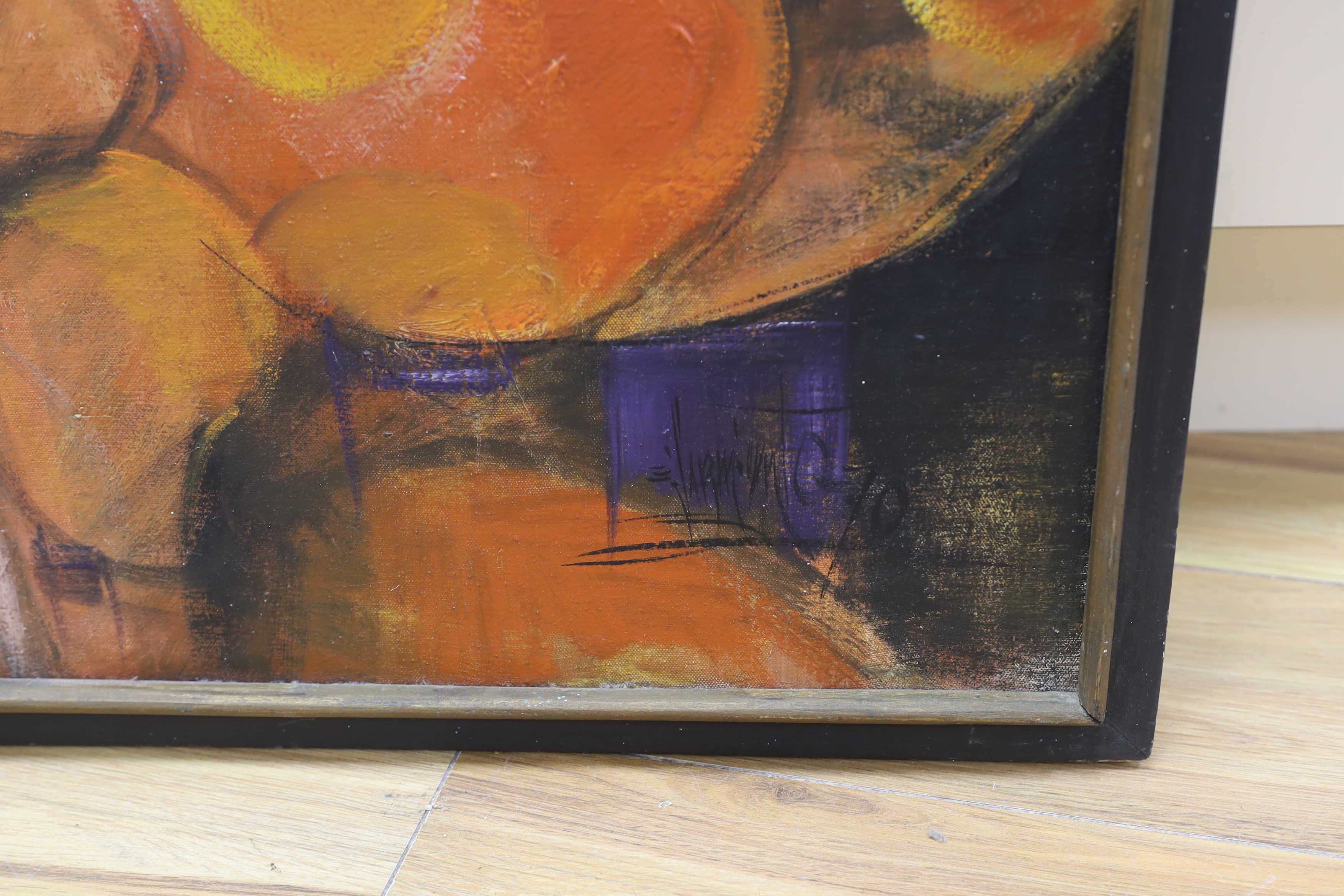 Contemporary impasto oil on canvas, Abstract composition in orange, indistinctly signed and dated 1970, 75 x 75cm